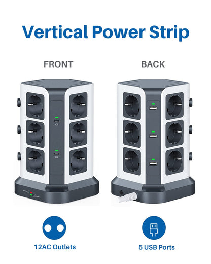 KOOSLA 12-fach Steckdosenturm 65W USB C PD Überspannungsschutz Grau