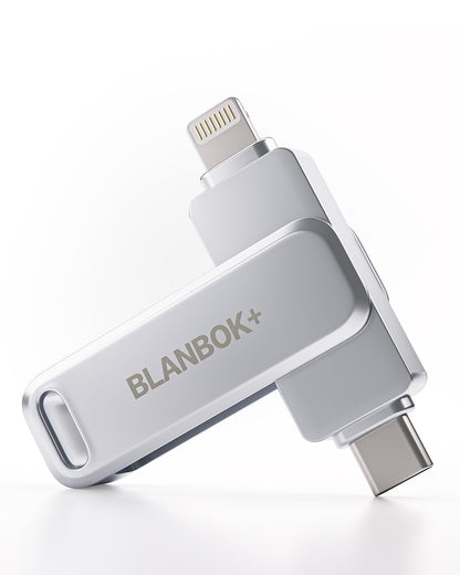 BLANBOK+ MFi 3-in-1 USB C Stick 512GB für iPhone 15. Kompakter, silberner Speicherstick. Für Datenspeicherung und -übertragung.