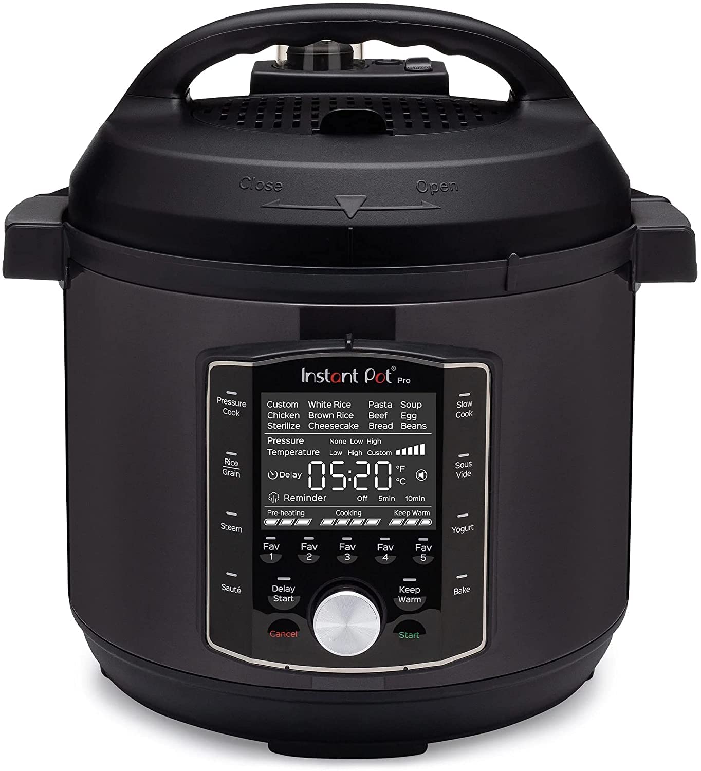 Instant Pot Pro 10-in-1 Elektro-Multikocher – 7,6 L Schwarz. Schwarzer, zylindrischer Topf für vielseitiges Kochen.