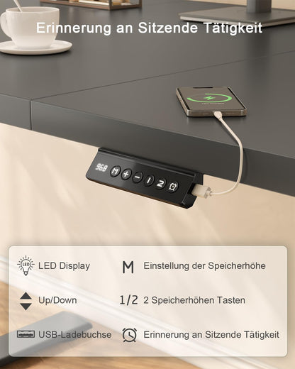 JUMMICO Elektrischer Schreibtisch höhenverstellbar 160x70cm Schwarz USB