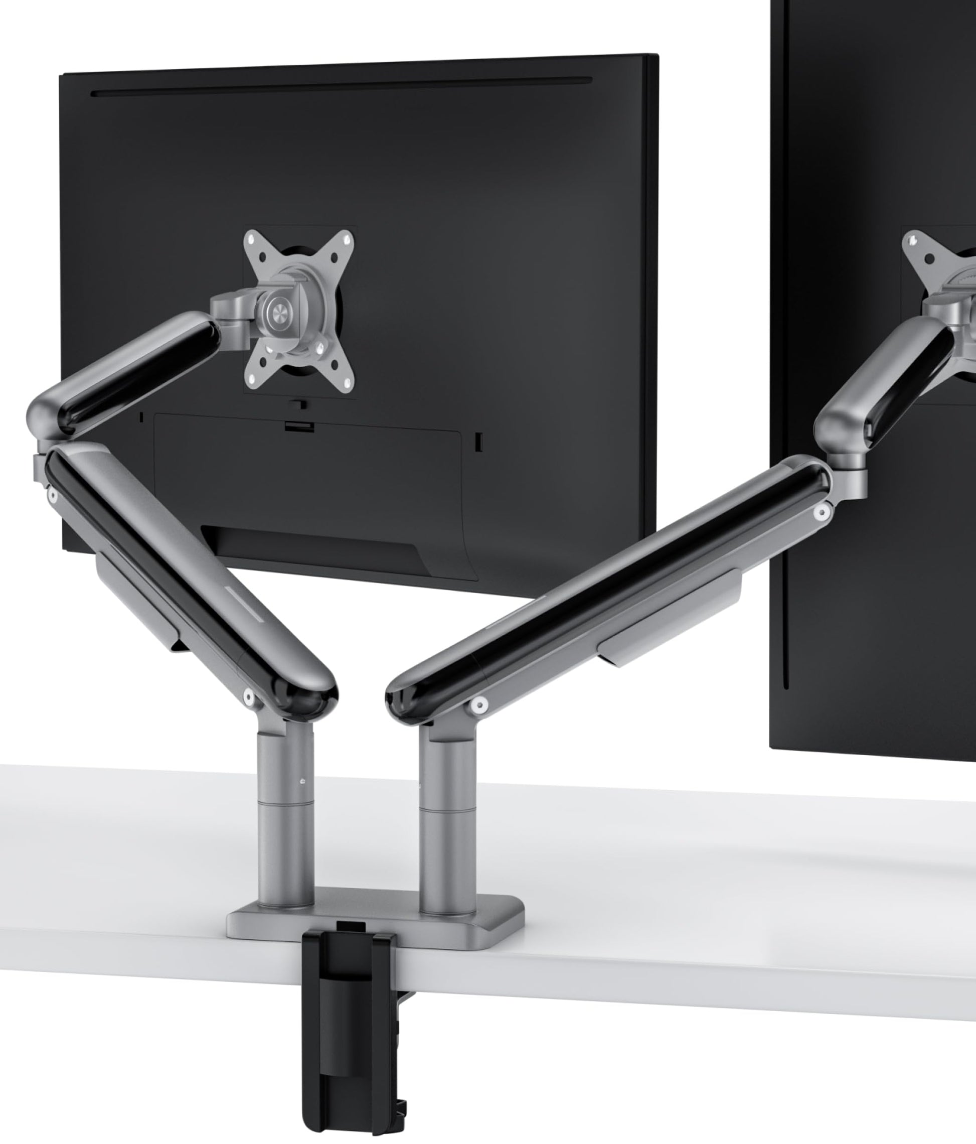 Desktronic Doppelte Monitor Halterung - bis 32" / 8kg. Schwarze VESA-Schwenkarme halten zwei Bildschirme ergonomisch.