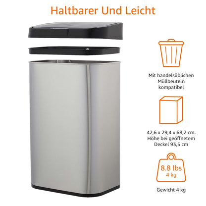 Amazon Basics Mülleimer Edelstahl Sensor - 60L Rechteckig Silber