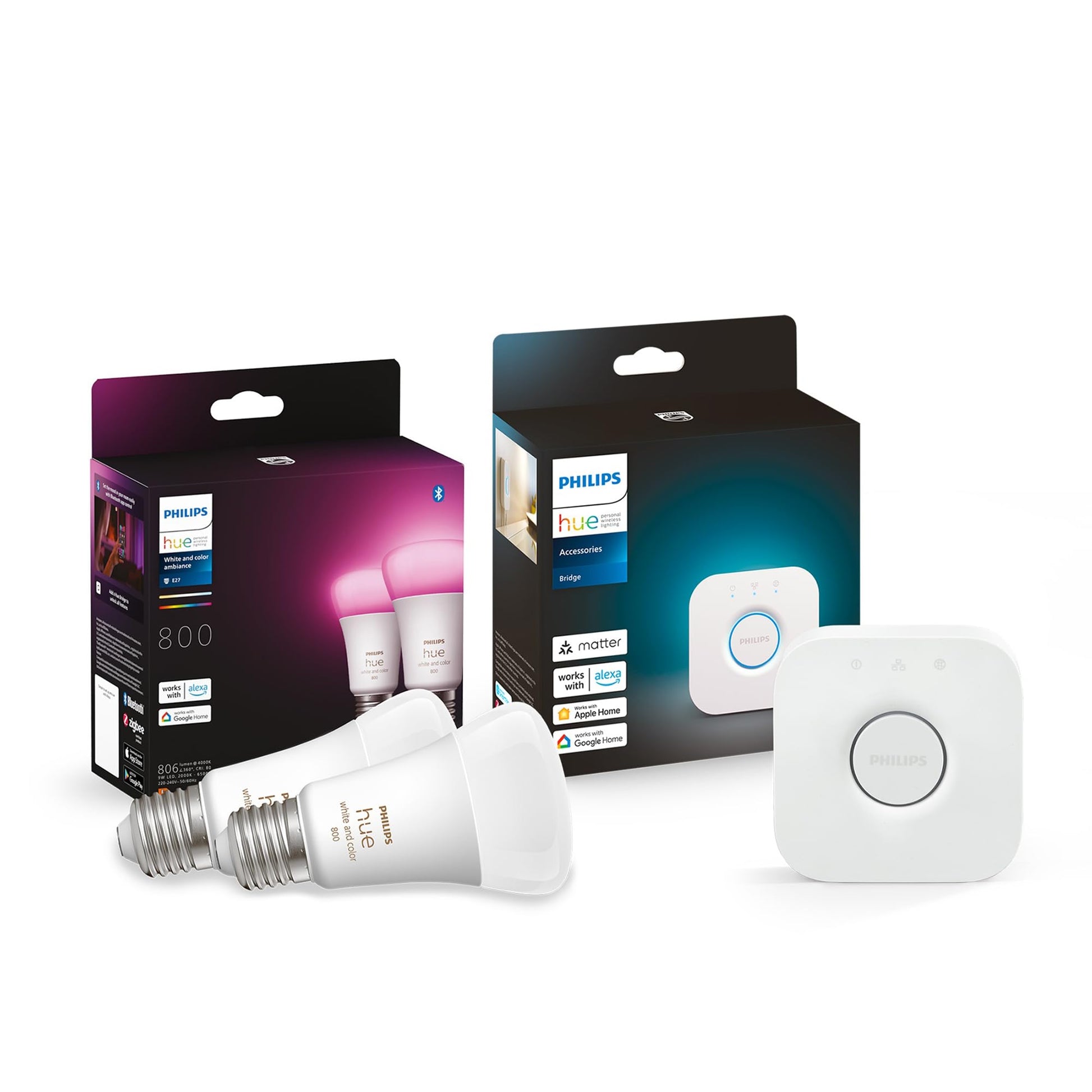 Philips Hue White & Color Amb. E27 LED Lampen Set mit Bridge 2er. Zwei weiße Birnen für drahtlose Smart Home Lichtsteuerung.