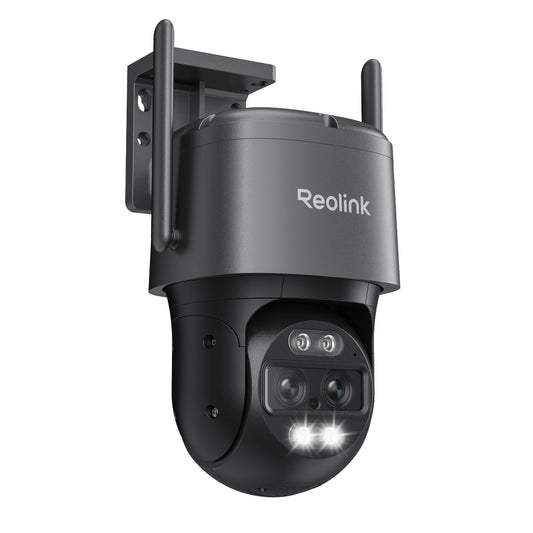 Reolink TrackMix WiFi 4K PTZ Überwachungskamera Aussen - Grau. Graue, wetterfeste PTZ-Kamera zur 4K-Videoüberwachung im Außenbereich.