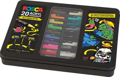 POSCA Marker Set 186830, 20 Acrylmarker im Metalletui mit Anleitungen