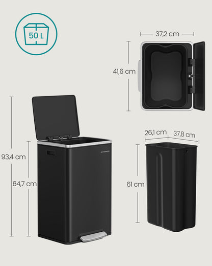 SONGMICS Mülleimer 50 L mit Softclose-Deckel, Stahl, tintenschwarz