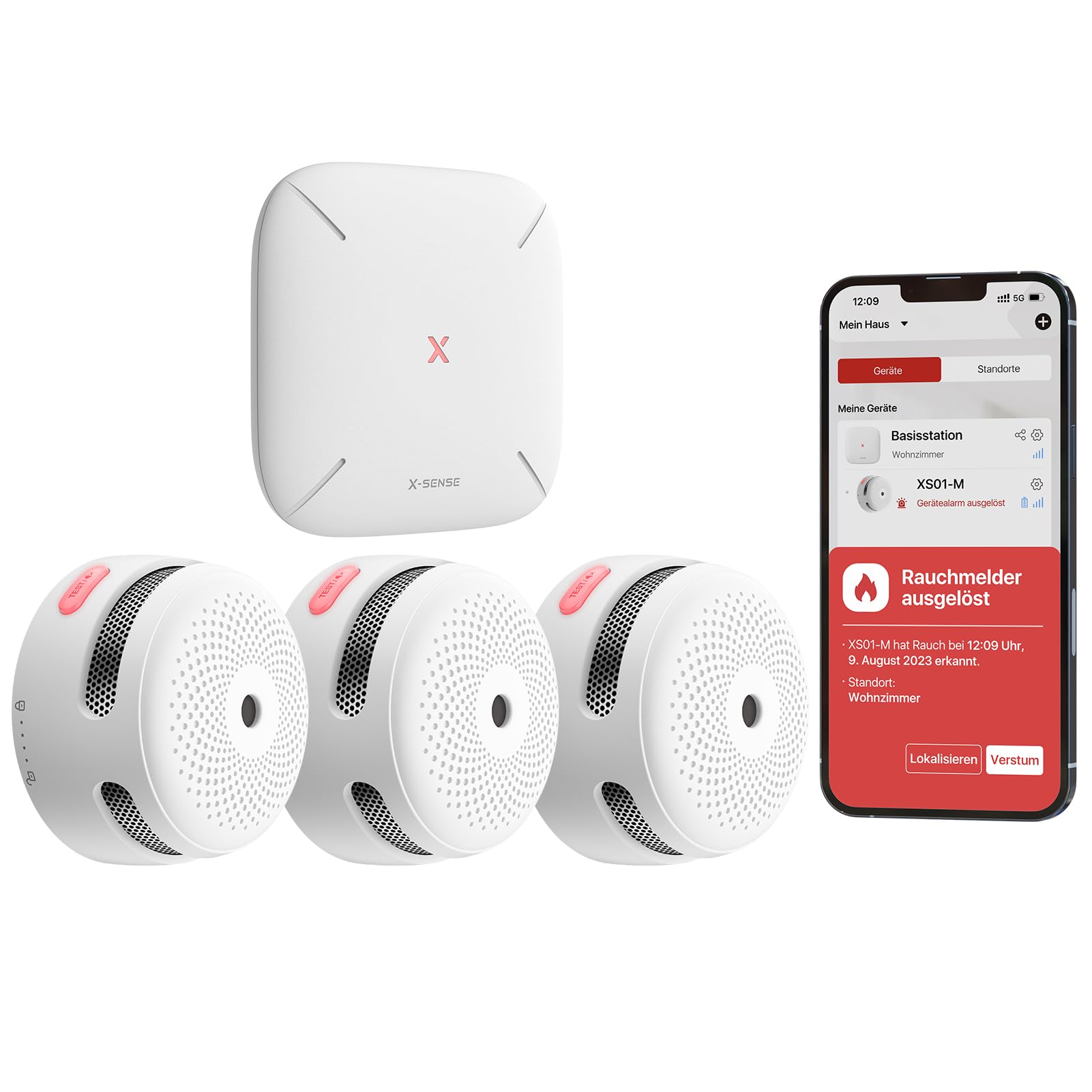 X-Sense Smart Rauchmelder XS01-M mit SBS50 Basisstation, 3 Stück