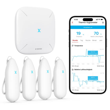 X-Sense WLAN Thermo-Hygrometer STH55 mit 4 Sensoren und Basisstation, kompakt, mit Aufhängeschlaufe