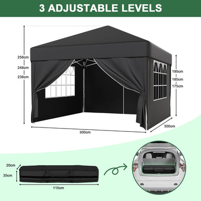 JUMMICO Faltpavillon 3x3m Wasserdicht UV50+ Grau mit 4 Seitenwänden