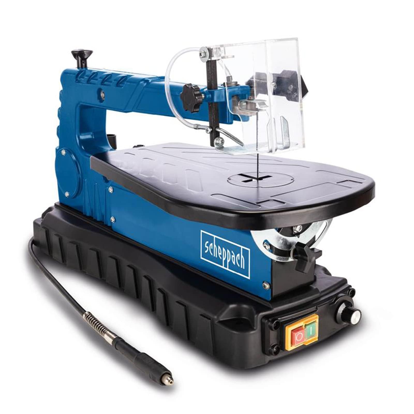 Scheppach DECO FLEX SL Dekupiersäge - mit flexibler Welle. Blaues Gerät zum präzisen Sägen und Detailarbeiten mit der Flexwelle.