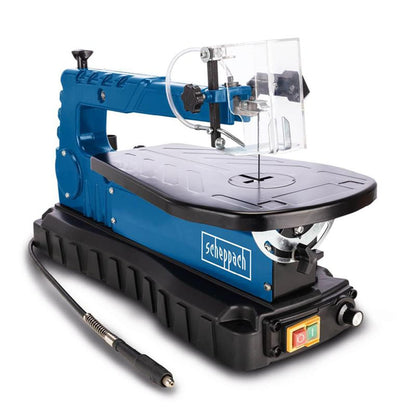 Scheppach DECO FLEX SL Dekupiersäge - mit flexibler Welle. Blaues Gerät zum präzisen Sägen und Detailarbeiten mit der Flexwelle.