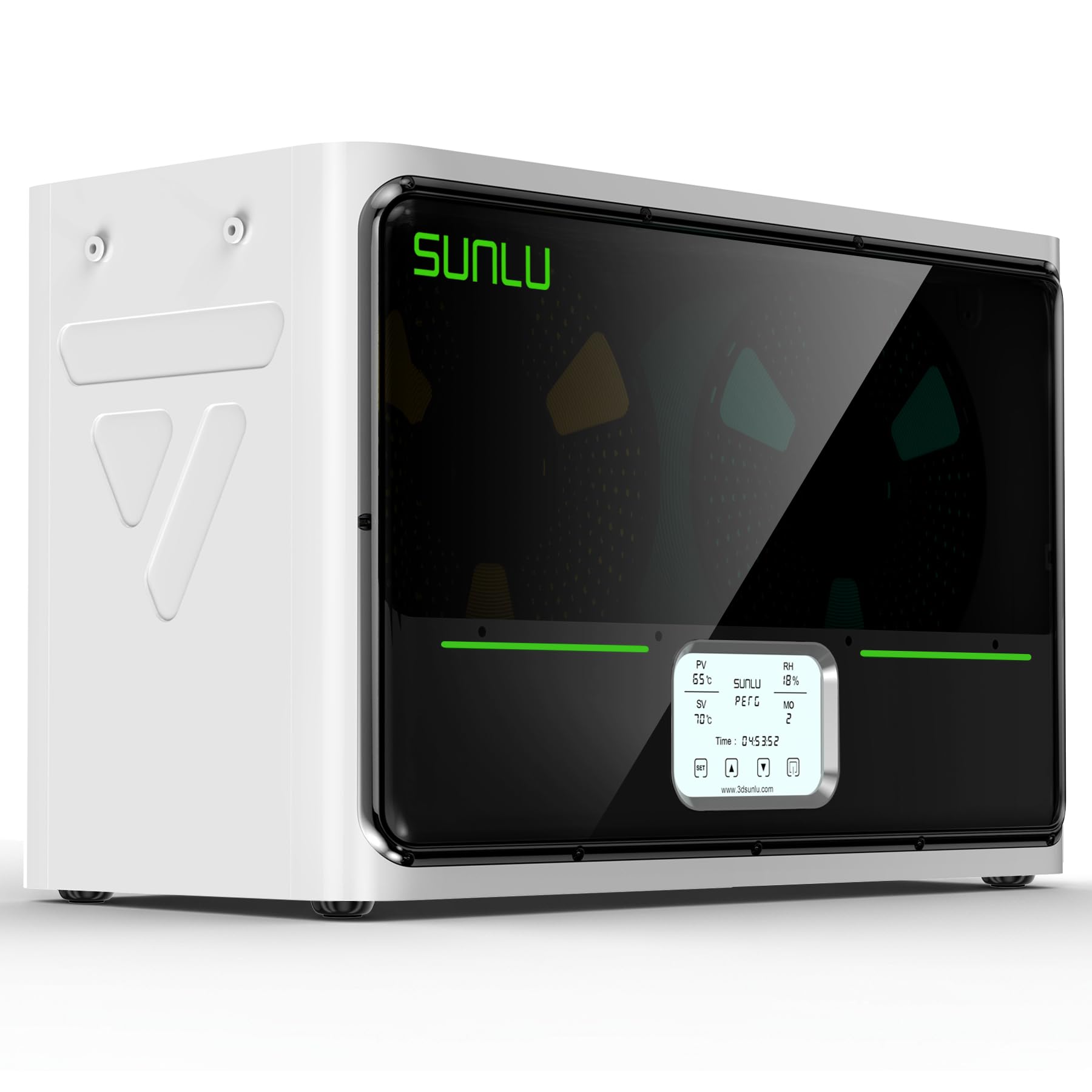 SUNLU S4 Filament Trockner Box für 3D Drucker – Weiss: Weiße, quaderförmige Box, trocknet 3D-Drucker-Filament zur Verbesserung der Druckqualität.