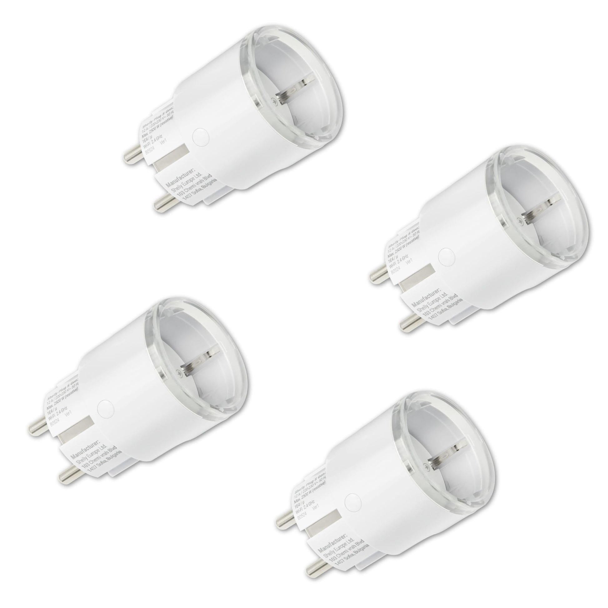 Shelly Plug S Gen3 WLAN-Steckdose mit Leistungsmessung, 4er-Set – kompakte Bauform in Weiss mit LED-Anzeige