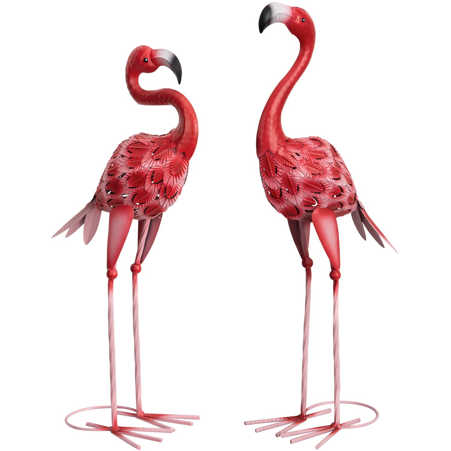 XONOR Flamingo Gartenstatuen aus Metall, 2er-Set, rosa, 65/59 cm – zwei Posen, emaillierte Oberfläche