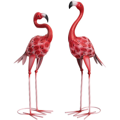 XONOR Flamingo Gartenstatuen aus Metall, 2er-Set, rosa, 65/59 cm – zwei Posen, emaillierte Oberfläche