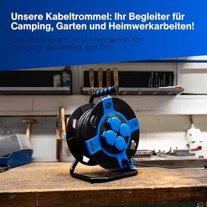 REV Kabeltrommel 50m Outdoor, IP44, 4 Schutzkontaktsteckdosen, blau