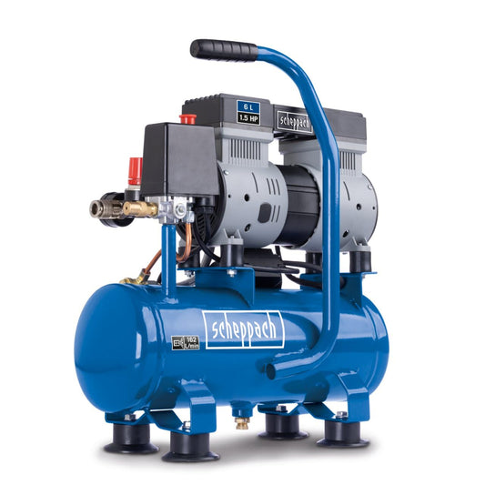 Scheppach HC08Si Ultra Silent Druckluft Kompressor - klein 6L ölfrei. Erzeugt Druckluft für Werkzeuge und zum Reifenfüllen.