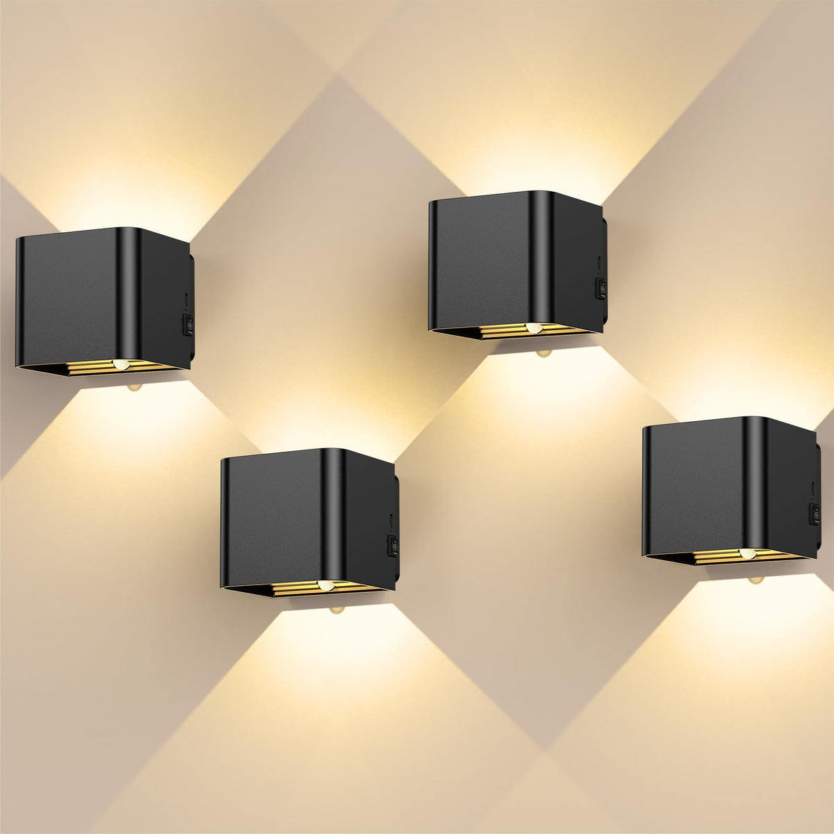 GEARLITE LED Wandleuchte mit Bewegungsmelder, aufladbar, 4er-Set, schwarz, für innen und aussen