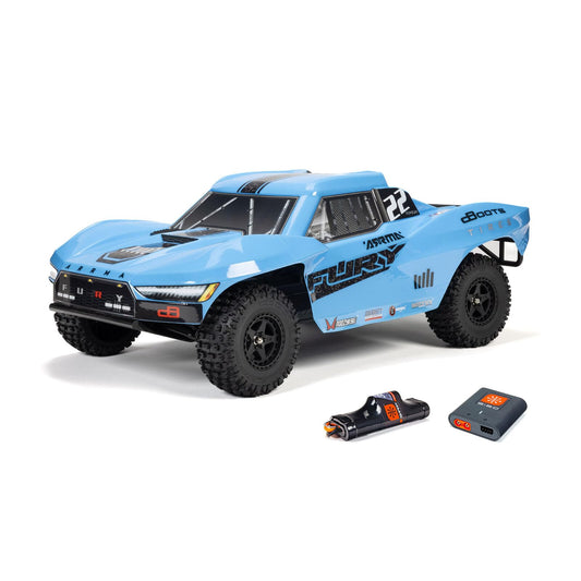 ARRMA Fury MEGA 550 2WD Short Course Truck 1:10 - Blau, ein 1:10 RC-Fahrzeug für Offroad-Rennen auf Dirt-Strecken.