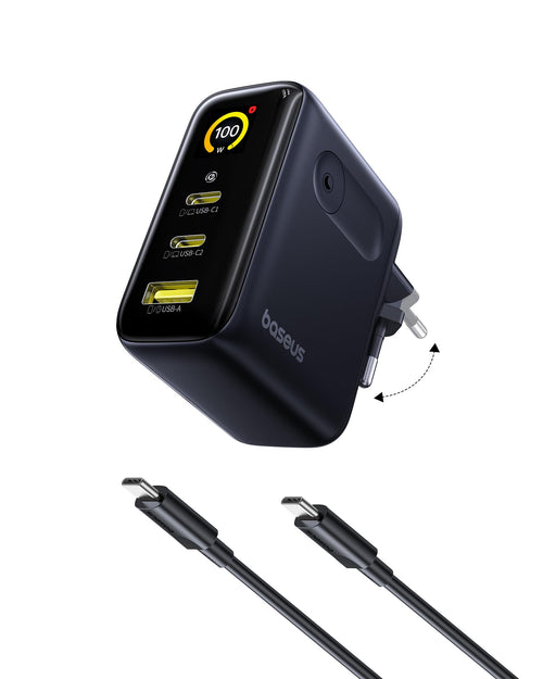 Baseus Picogo 100W USB-C Ladegerät mit Smart Display, GaN 3-in-1 – Farbdisplay, klappbarer Stecker