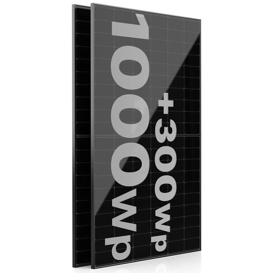 Jolywood 2x 500W n-Type Bifazial Glas-Glas PV-Module. Rechteckig, dunkel, wandelt beidseitig Sonnenlicht in Strom.