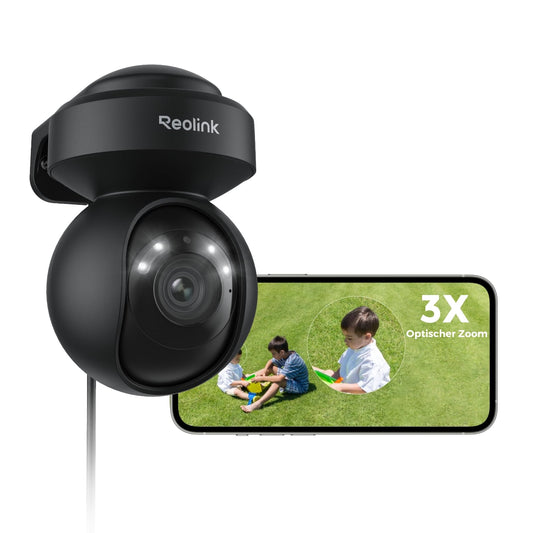 Reolink E1 Outdoor Pro 4K PTZ Überwachungskamera Aussen WLAN - Schwarz. Schwarze PTZ-Kamera zur Überwachung von Aussenbereichen in 4K per WLAN.