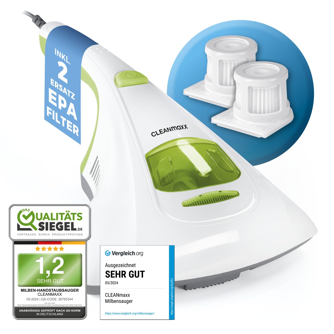 CLEANmaxx Milben-Handstaubsauger mit UV-C-Licht und HEPA-Filter für Matratzen