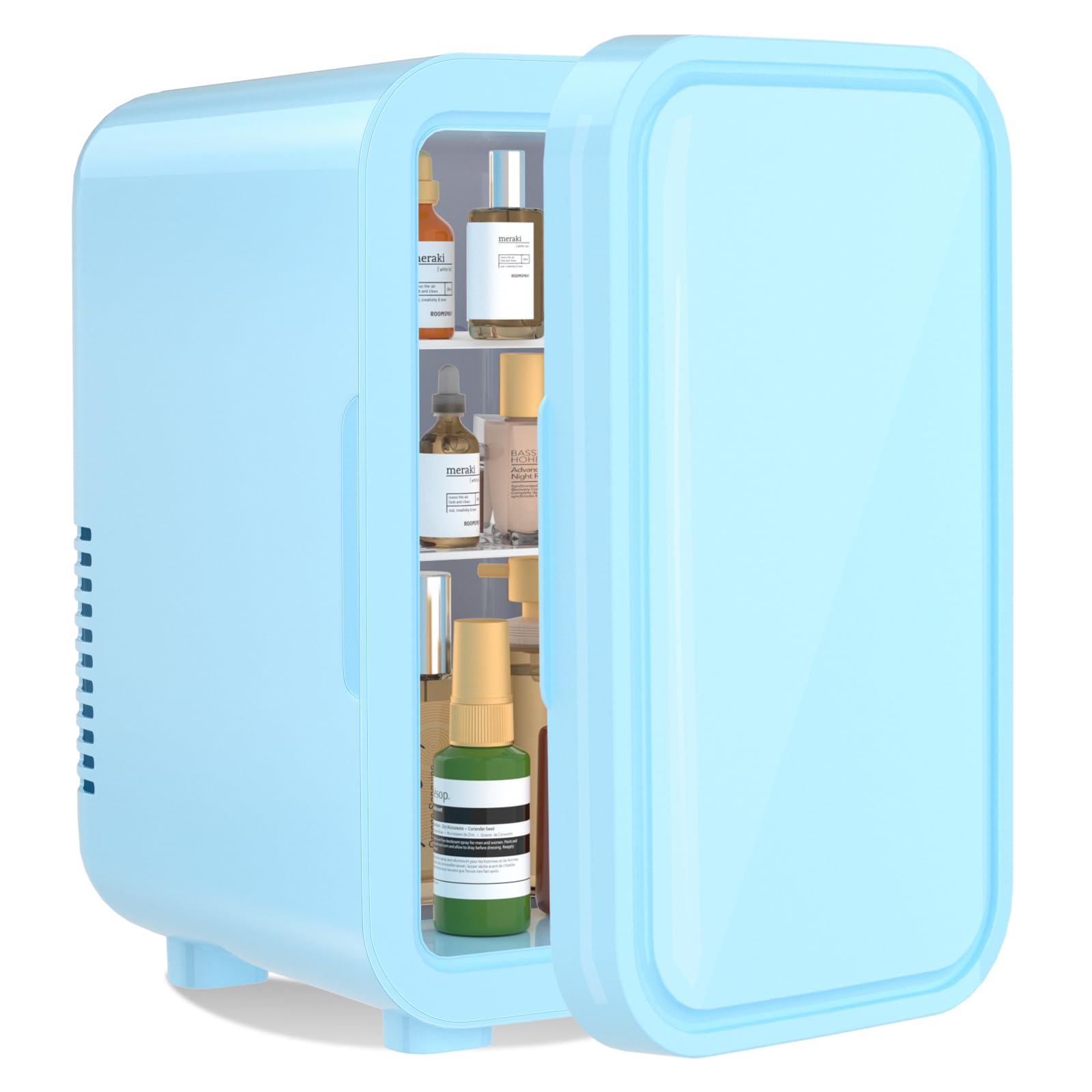 YASHE Mini-Kühlschrank 6 Liter Tragbar Thermoelektrisch - Blau. Blauer, kompakter Kühlschrank zum thermoelektrischen Kühlen von Getränken und Snacks unterwegs.