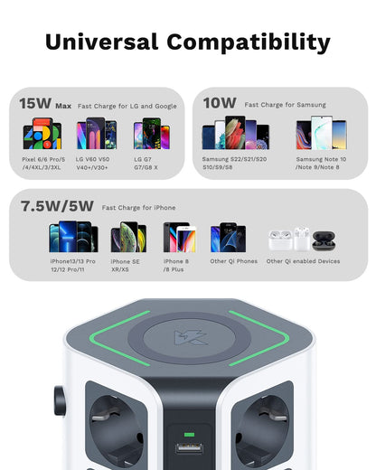 KOOSLA Steckdosenturm 12-fach - 15W Wireless Charger