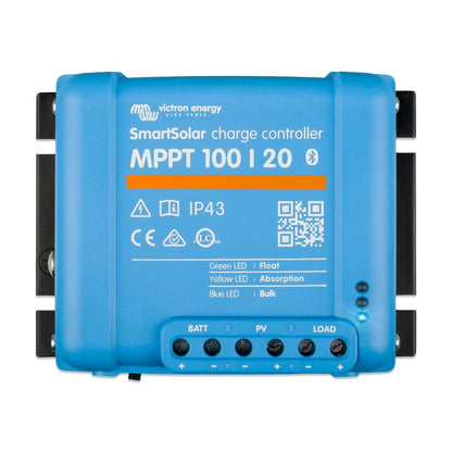 Victron Energy SmartSolar MPPT Solar Laderegler - 100V 20A. Blauer, rechteckiger Laderegler mit Anschlüssen. Optimiert Solarladung für Batterien.