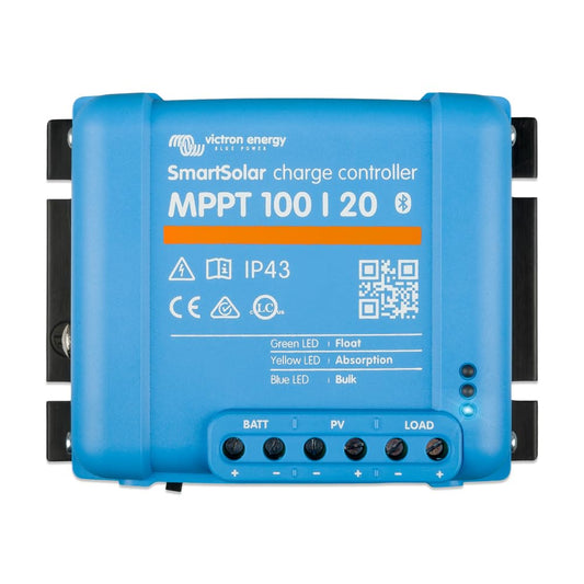Victron Energy SmartSolar MPPT Solar Laderegler - 100V 20A. Blauer, rechteckiger Laderegler mit Anschlüssen. Optimiert Solarladung für Batterien.