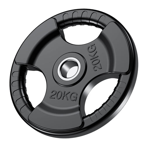 PhysKcal Olympische Hantelscheibe 20 kg Schwarz Tri-Grip: Runde, schwarze Scheibe mit drei Grifflöchern zum Krafttraining mit Langhantel.