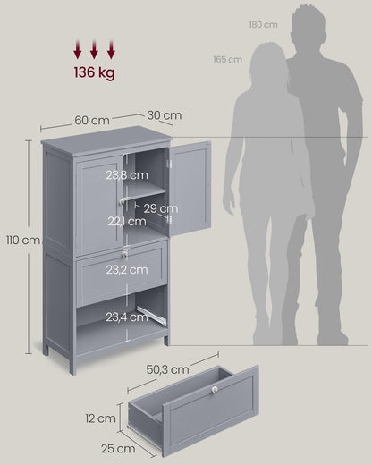 VASAGLE Badezimmerschrank mit 2 Türen und 2 Schubladen, Taubengrau