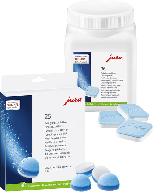 Jura Kombi Pack mit 25 Reinigungstabletten und 36 Entkalkungstabletten für Kaffeevollautomaten