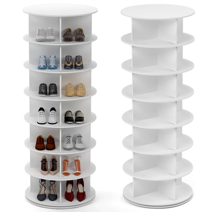 PTUWODS Drehbarer Schuhschrank 360 Grad Schuhregal weiss 7 Etagen, runder PVC-Turm mit 4 Fächern je Etage