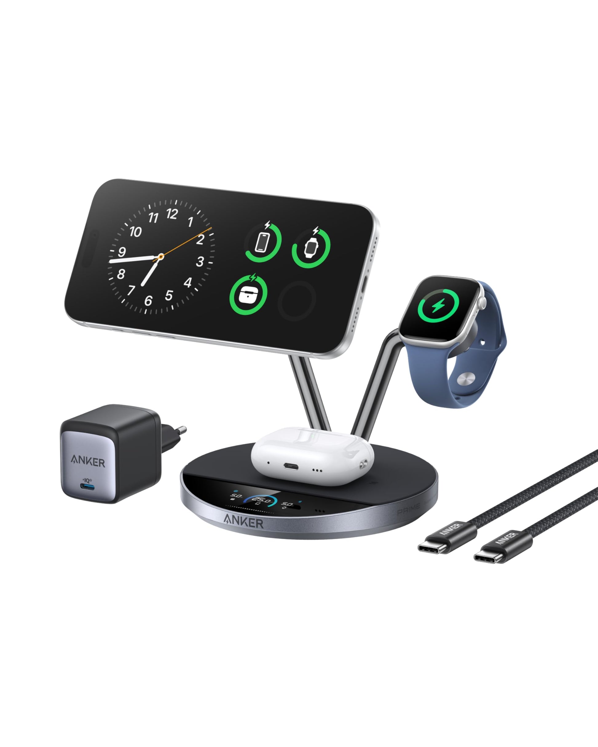 Anker Prime 3-in-1 kabellose Ladestation, Qi2 25W, TEC-Kühlung mit Smart Display