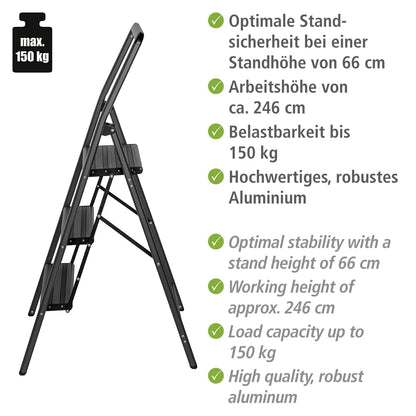 WENKO Compact Aluminium Klapp-Trittleiter - 3 Stufen Dunkelgrau