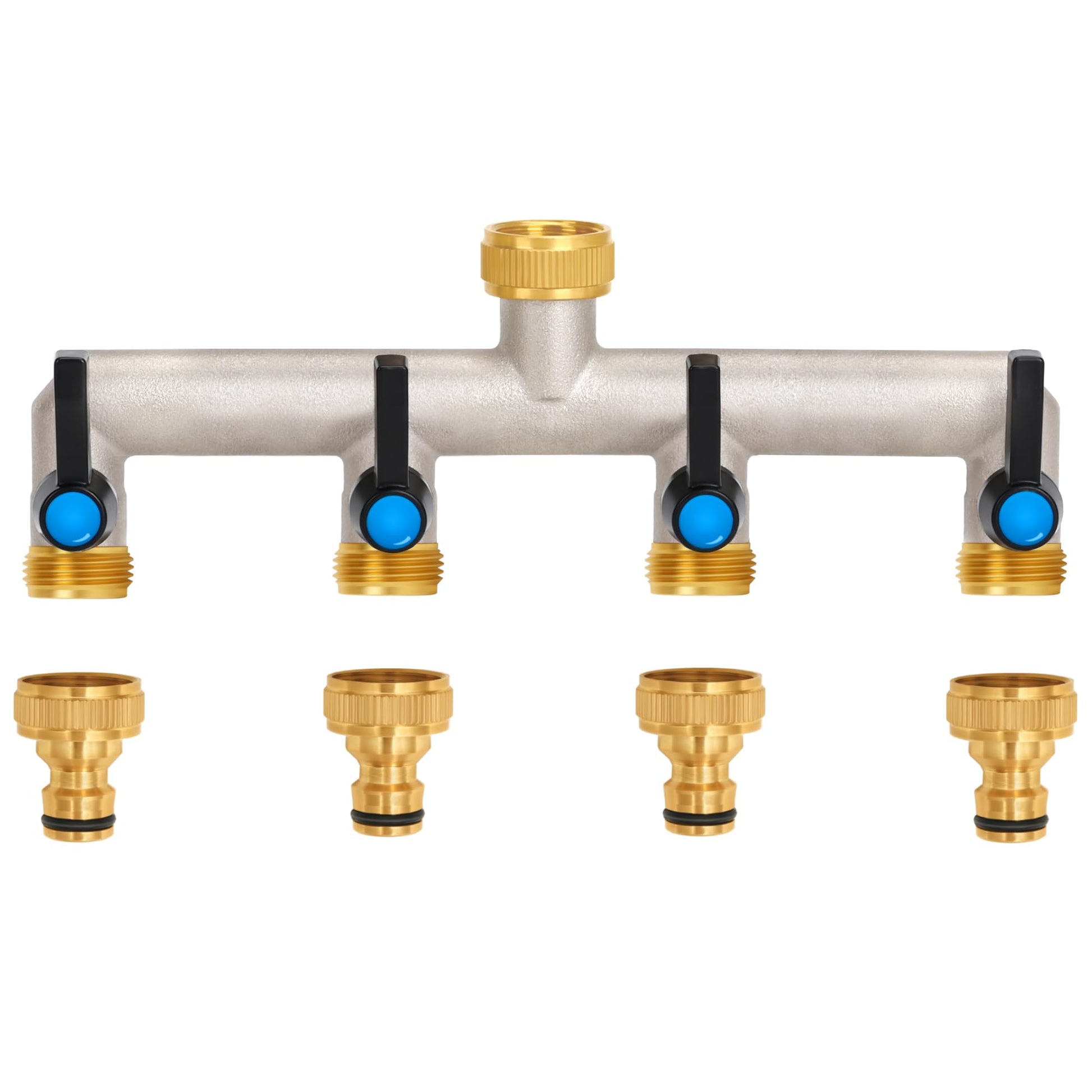 OPERMAXER 4-Wege Wasserverteiler 3/4 Zoll Messing mit Absperrhähnen, vier Kugelhähne mit verlängertem Metallgriff