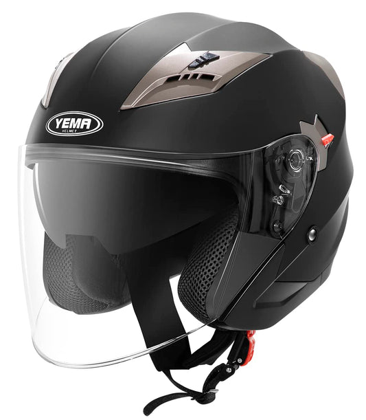 YEMA YM-627 Jethelm Motorradhelm ECE - Schwarz Matt, Grösse S. Ein offener Jethelm in Schwarz Matt, der den Kopf beim Motorradfahren schützt.