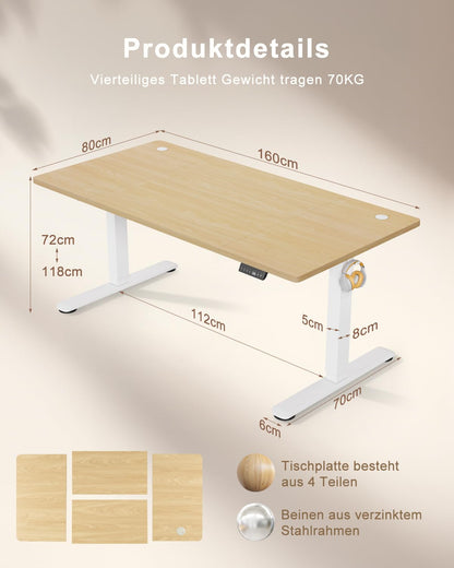 TRIUMPHKEY Höhenverstellbarer Schreibtisch 160x80 cm mit USB, Beige
