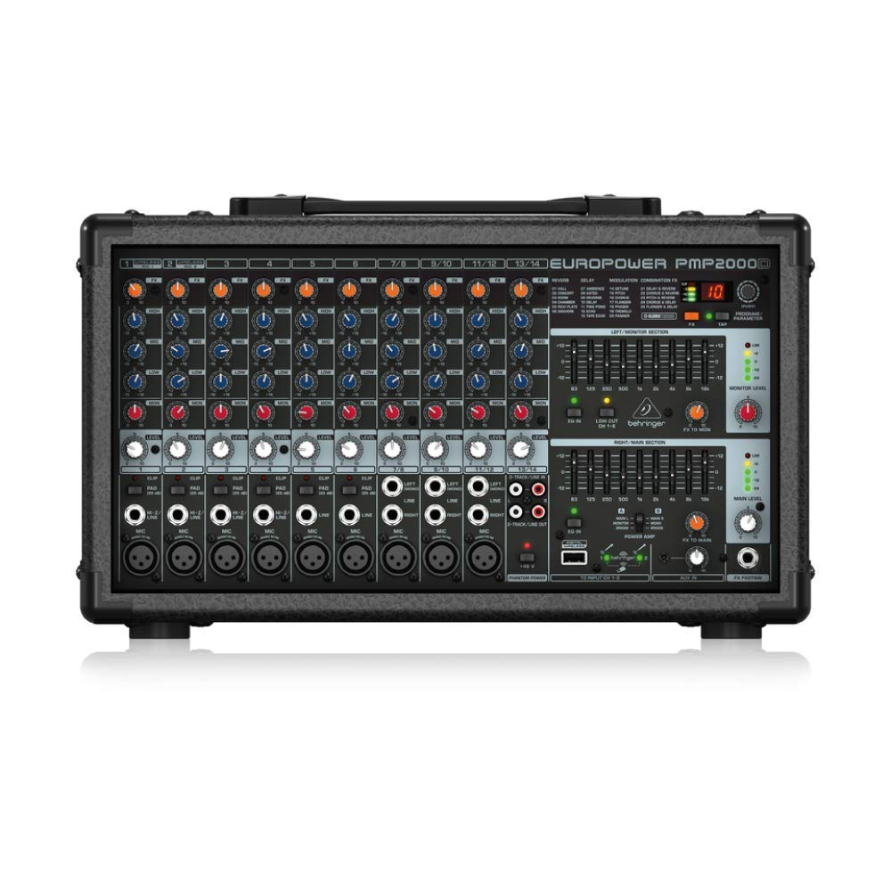 Behringer EUROPOWER PMP2000D Powermixer: Schwarzes 14-Kanal-Pult. Mischt und verstärkt Audiosignale (2000W) für Live-Sound.
