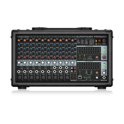 Behringer EUROPOWER PMP2000D Powermixer: Schwarzes 14-Kanal-Pult. Mischt und verstärkt Audiosignale (2000W) für Live-Sound.