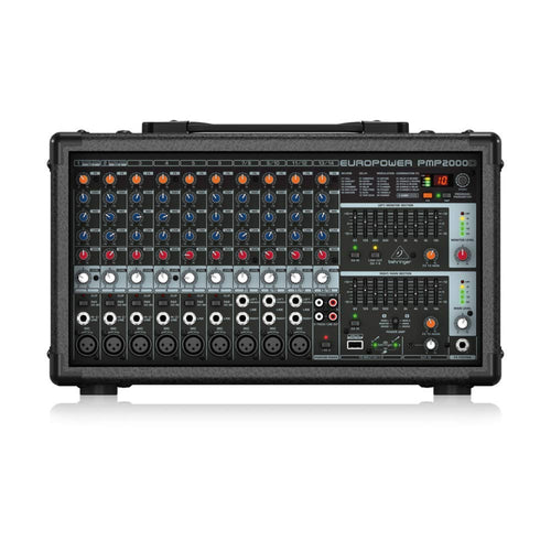 Behringer EUROPOWER PMP2000D Powermixer: Schwarzes 14-Kanal-Pult. Mischt und verstärkt Audiosignale (2000W) für Live-Sound.