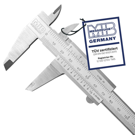 MIB Messschieber Analog - 300mm mit Feststellschraube. Silber, mit Nonius und Tiefenmaß. Misst Außen-, Innen-, Tiefenmaße.