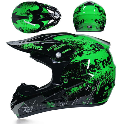 UIGJIOG Kinder-Motocross-Helm Set mit Brille und Handschuhen, Grün, M