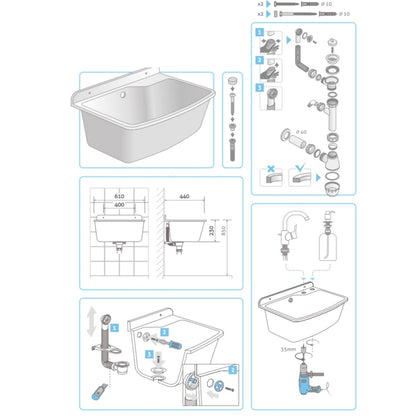Kunststoff Ausgussbecken 61cm - Grau Granit Wandmontage mit Siphon