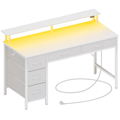 Seventable Gaming Computertisch 120cm – LED & Steckdosen Weiss. Rechteckiger, weißer Tisch mit LEDs & Steckdosen für Gaming-Setup.