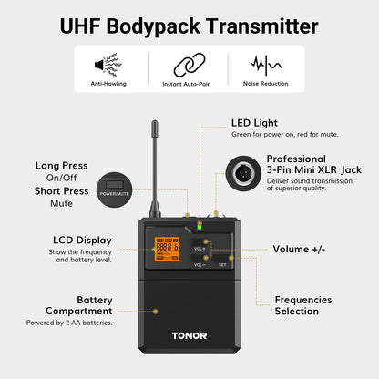 TONOR TW621 UHF Funkmikrofon Set mit Headset und Lavalier Mikrofon