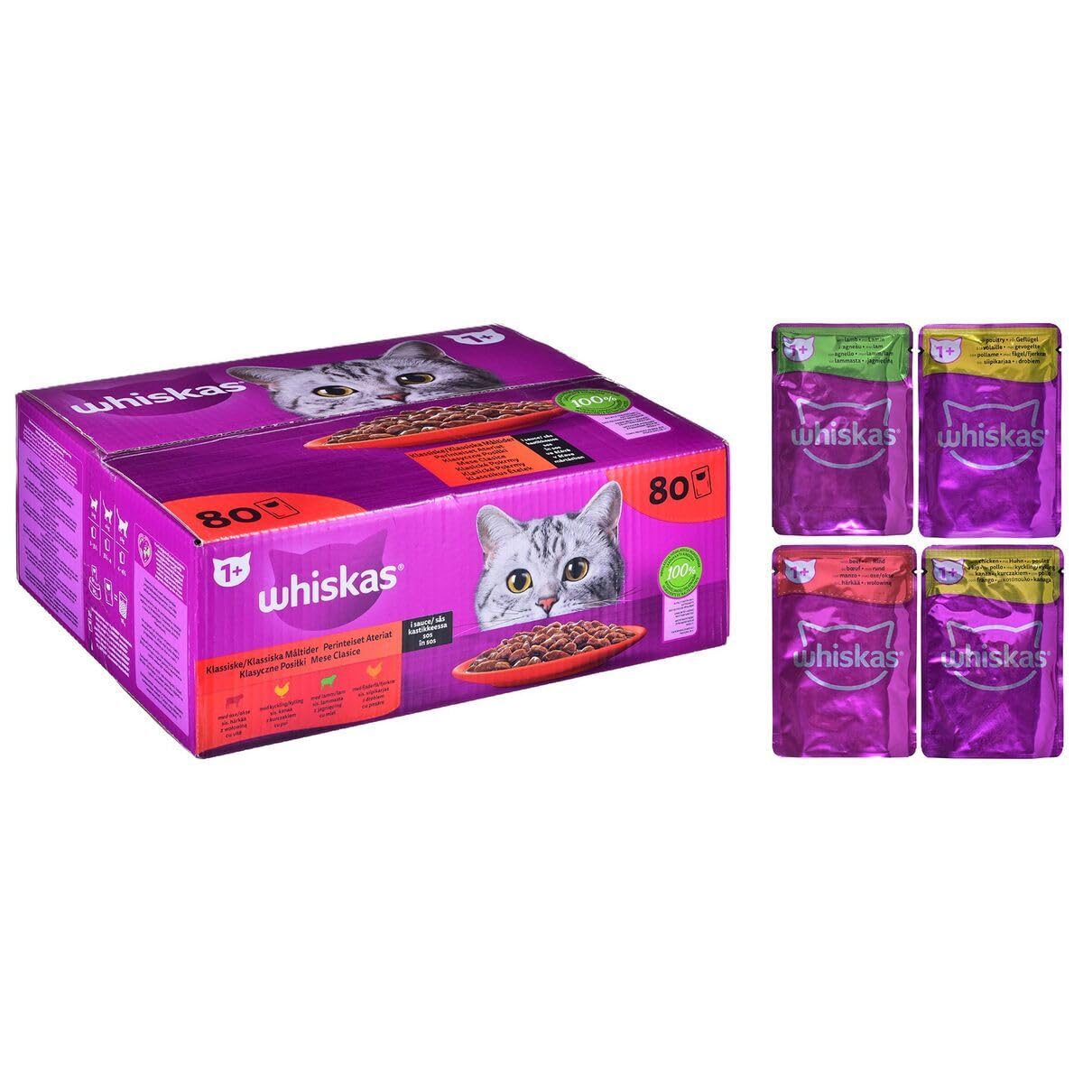 Whiskas Adult 1+ Katzennassfutter Klassische Auswahl in Sauce 80x85g, Mega Pack mit 80 Portionsbeuteln à 85 g