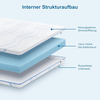 BedStory Matratzentopper 160x200 cm Gel-Kaltschaum H3/H4 10 cm